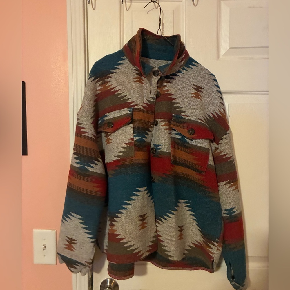 Women’s Multicolor Aztec Patterned Button Up Jacket Sweater - Picture 2 of 2